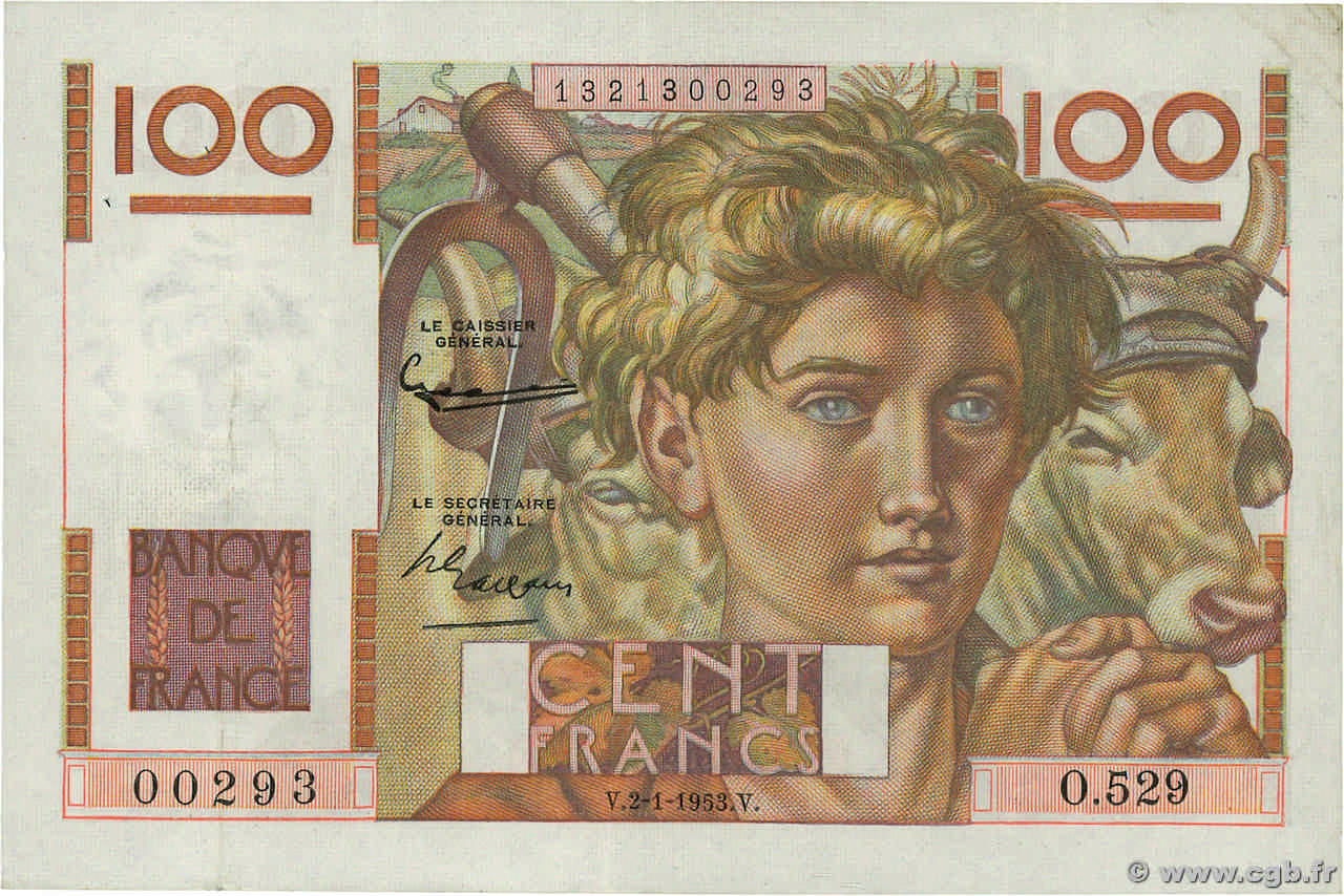 100 Francs JEUNE PAYSAN FRANCE  1953 F.28.35 TTB