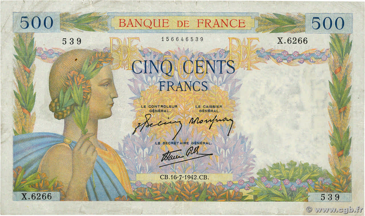 500 Francs LA PAIX FRANCE  1942 F.32.37 TTB