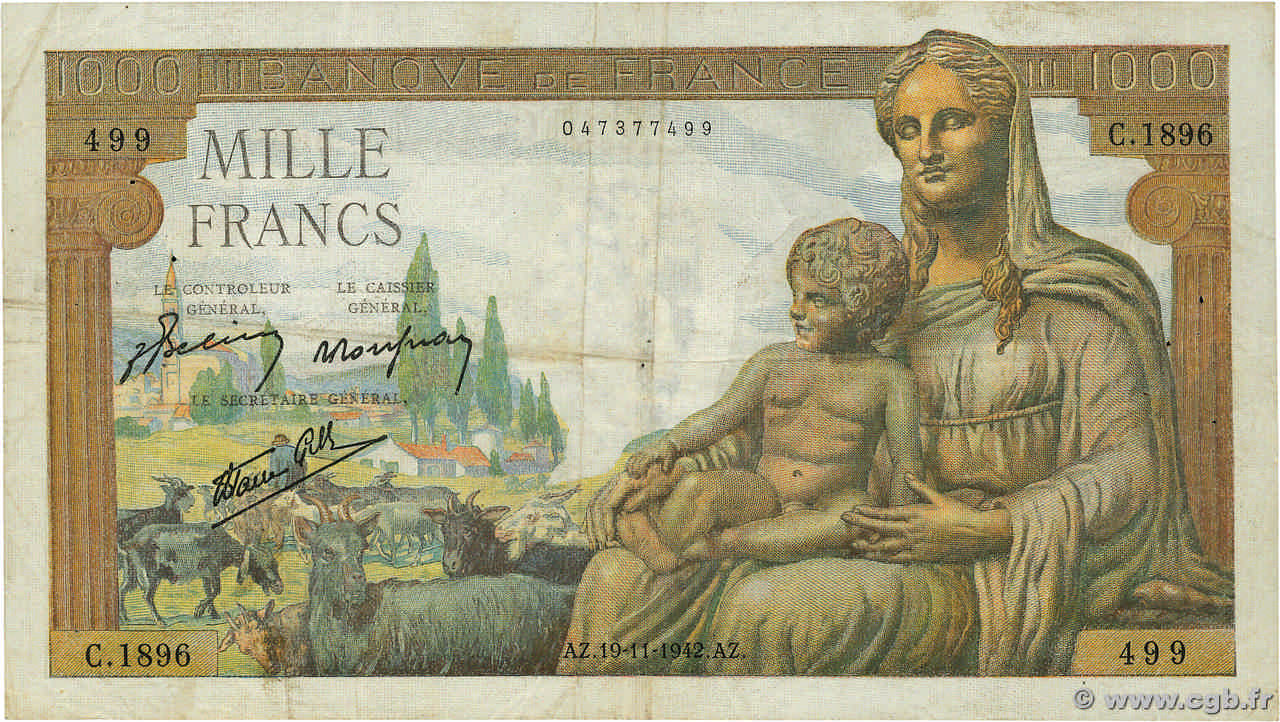 1000 Francs DÉESSE DÉMÉTER FRANCE  1942 F.40.11 TB