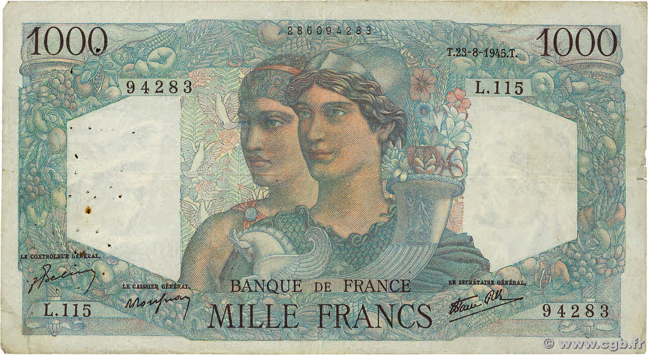 1000 Francs MINERVE ET HERCULE FRANCE  1945 F.41.07 TB