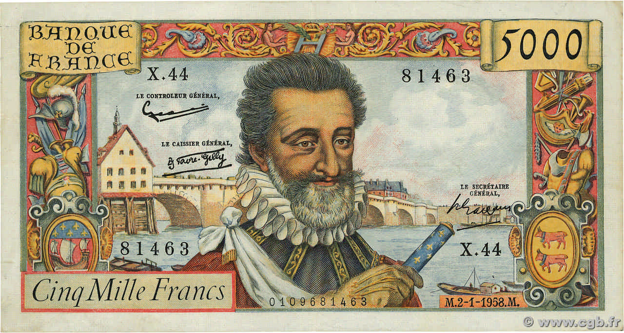 5000 Francs HENRI IV FRANCE  1958 F.49.05 TTB