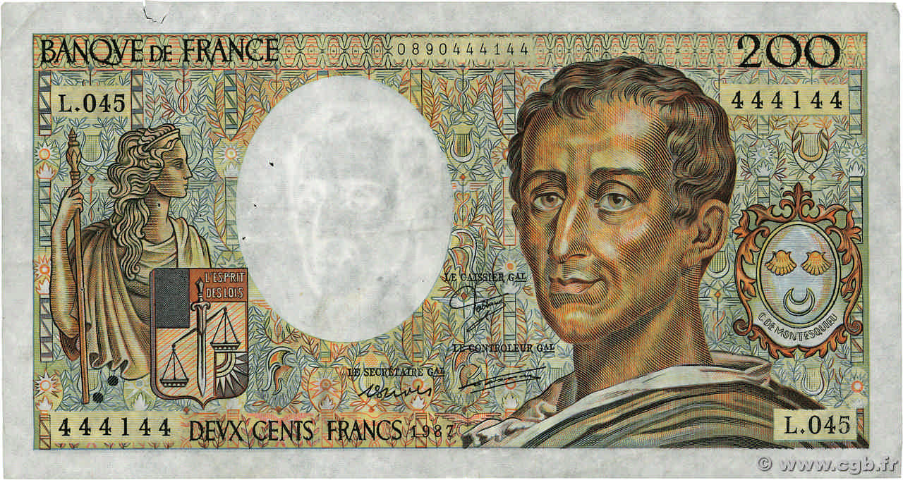 200 Francs MONTESQUIEU FRANCE  1987 F.70.07 pr.TTB
