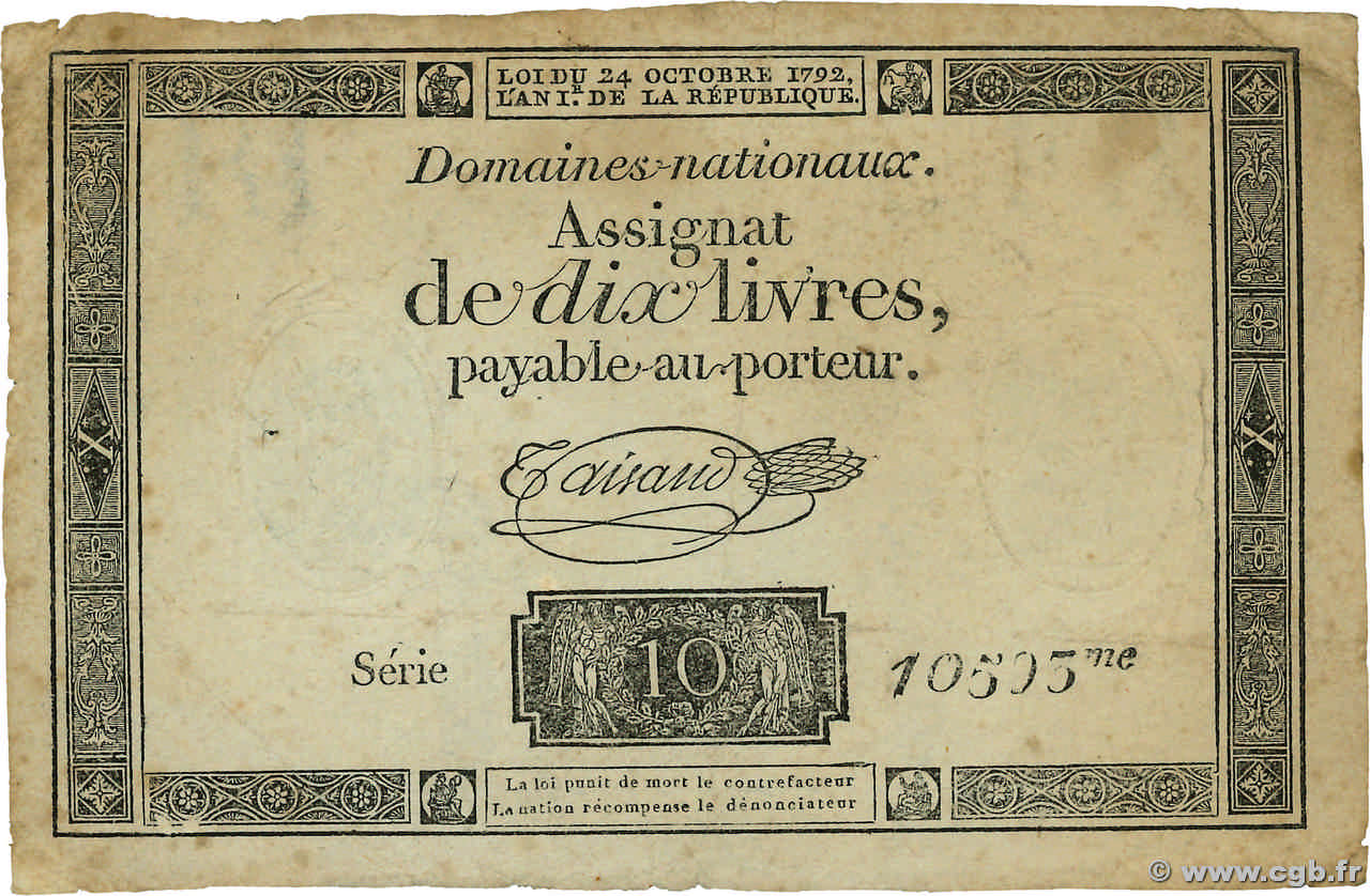 10 Livres filigrane républicain  FRANCE  1792 Ass.36c TB