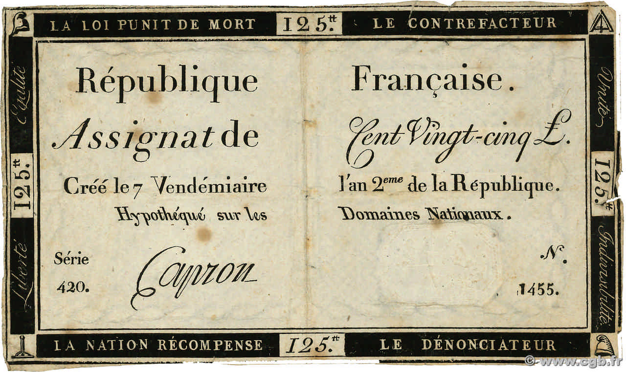125 Livres FRANCE  1793 Ass.44a TB