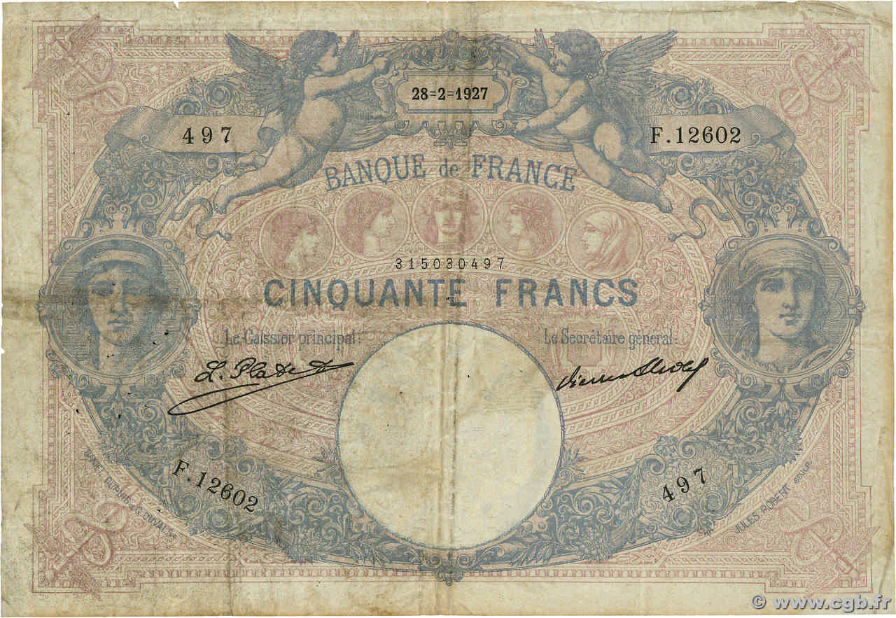 50 Francs BLEU ET ROSE FRANCE  1927 F.14.40 B