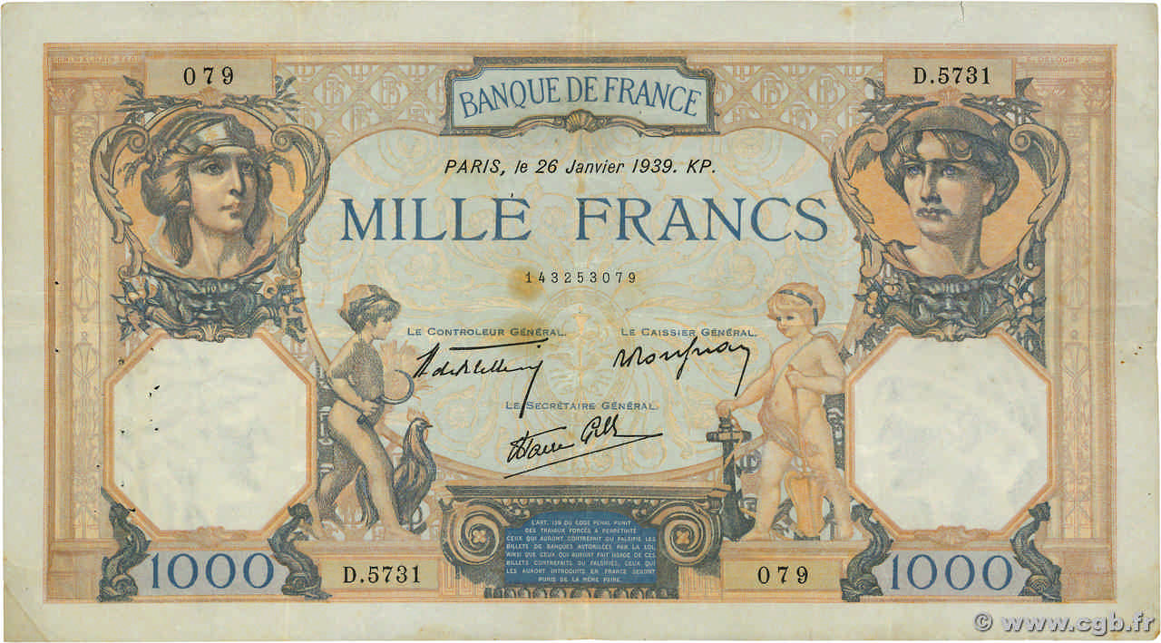 1000 Francs CÉRÈS ET MERCURE type modifié FRANCE  1939 F.38.33 TTB