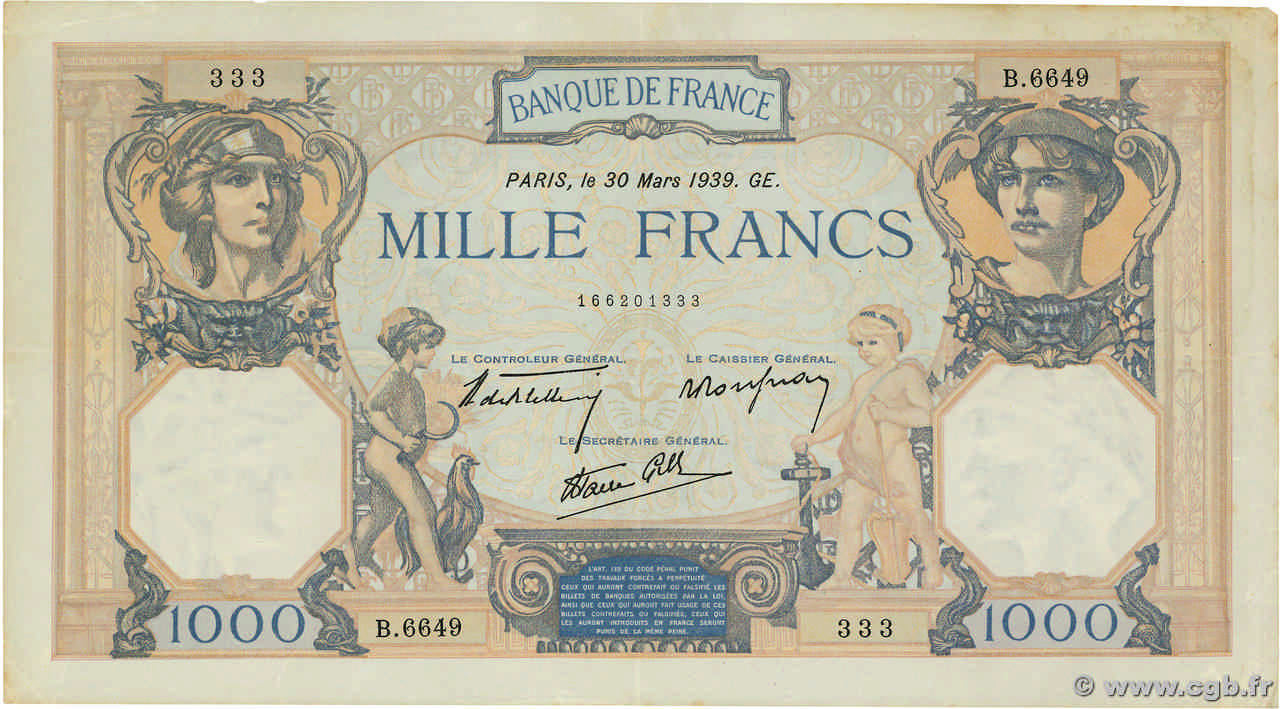 1000 Francs CÉRÈS ET MERCURE type modifié FRANCE  1939 F.38.34 TTB