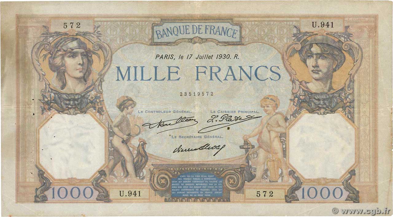 1000 Francs CÉRÈS ET MERCURE FRANCE  1930 F.37.05 TB+