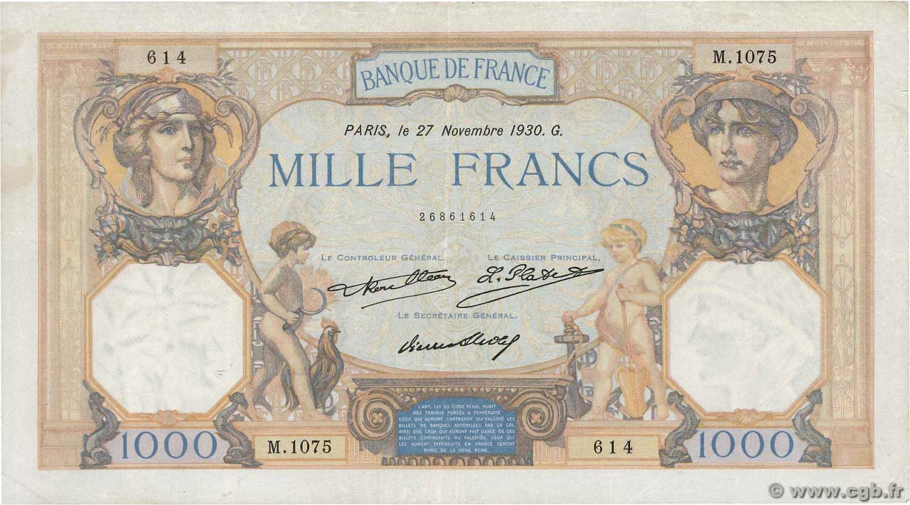 1000 Francs CÉRÈS ET MERCURE FRANCE  1930 F.37.05 VF