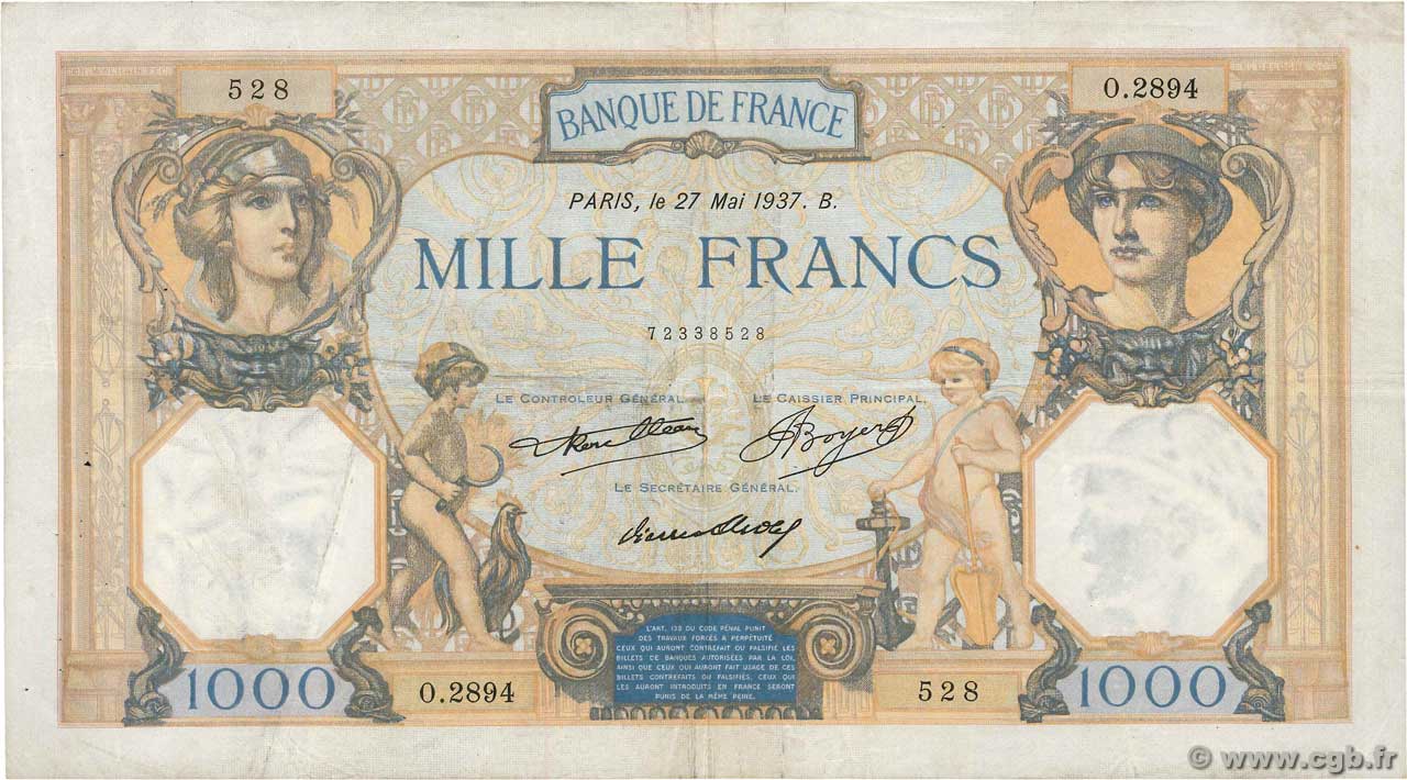 1000 Francs CÉRÈS ET MERCURE FRANCE  1937 F.37.10 TB+