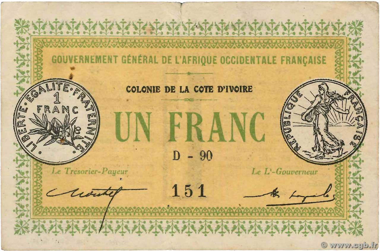 1 Franc ELFENBEINKÜSTE  1917 P.02b fSS