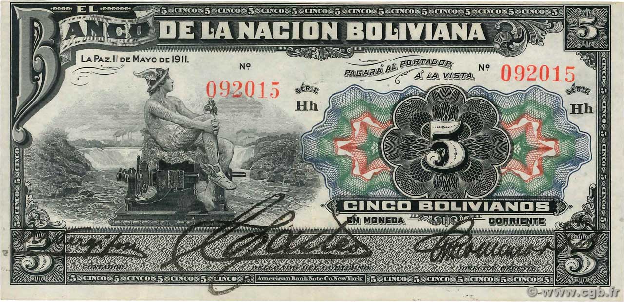 5 Bolivianos BOLIVIA  1911 P.105a SPL