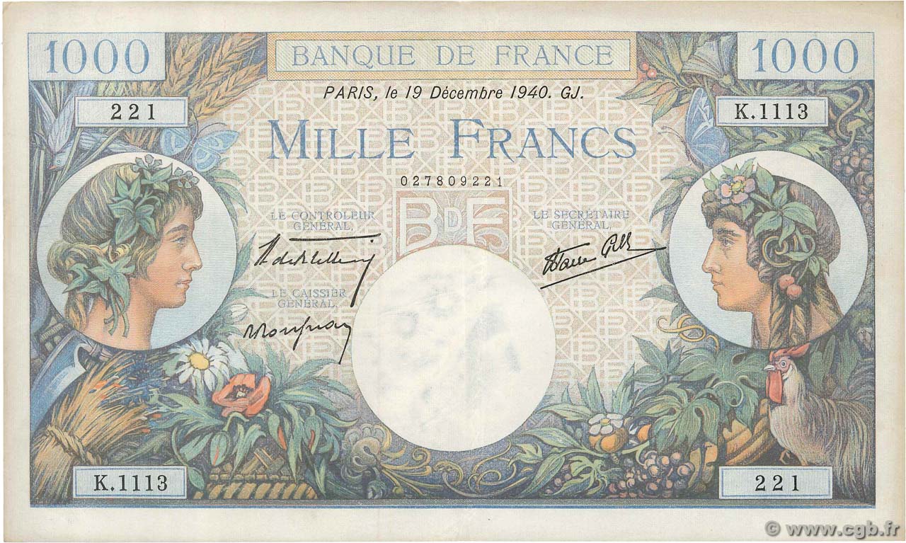 1000 Francs COMMERCE ET INDUSTRIE FRANCIA  1940 F.39.03 MBC
