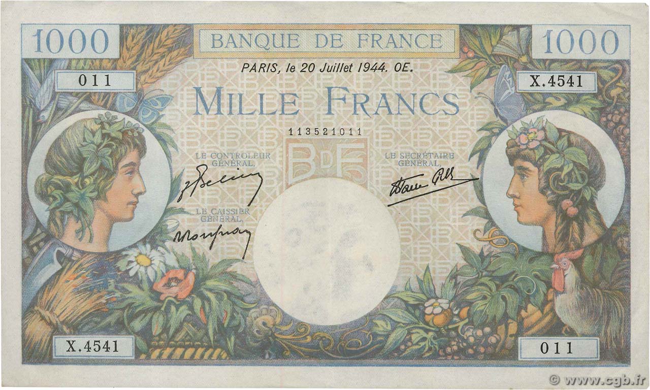 1000 Francs COMMERCE ET INDUSTRIE FRANKREICH  1944 F.39.12 fVZ