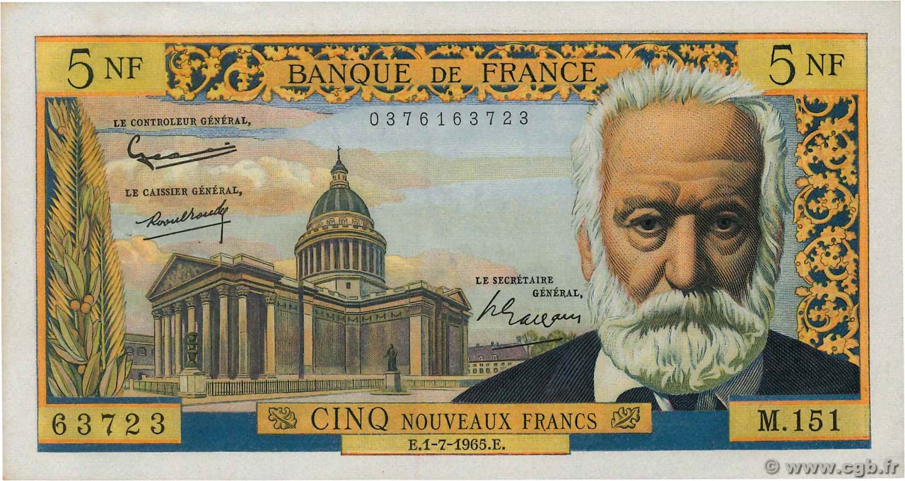 5 Nouveaux Francs VICTOR HUGO FRANKREICH  1965 F.56.19 VZ+