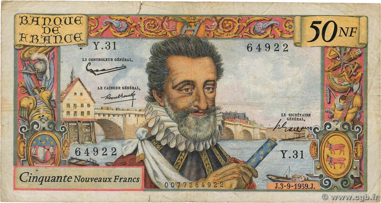 50 Nouveaux Francs HENRI IV FRANCE  1959 F.58.03 VG