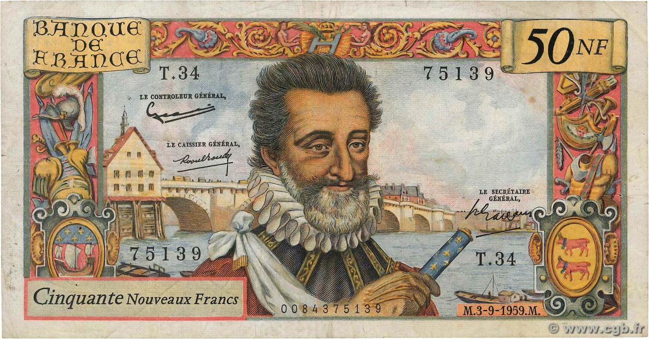 50 Nouveaux Francs HENRI IV FRANCIA  1959 F.58.03 MB