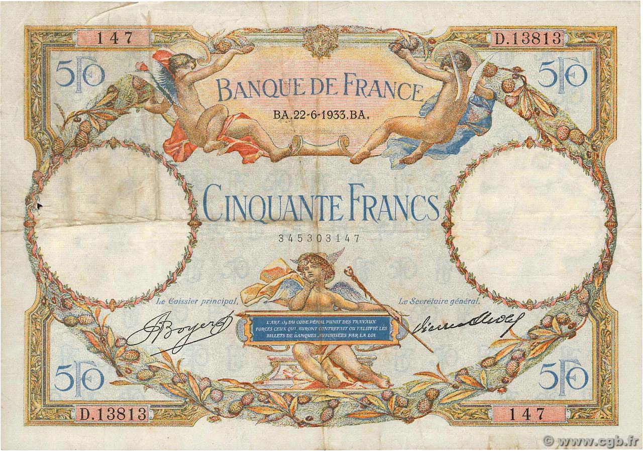 50 Francs LUC OLIVIER MERSON type modifié FRANCE  1933 F.16.04 TB