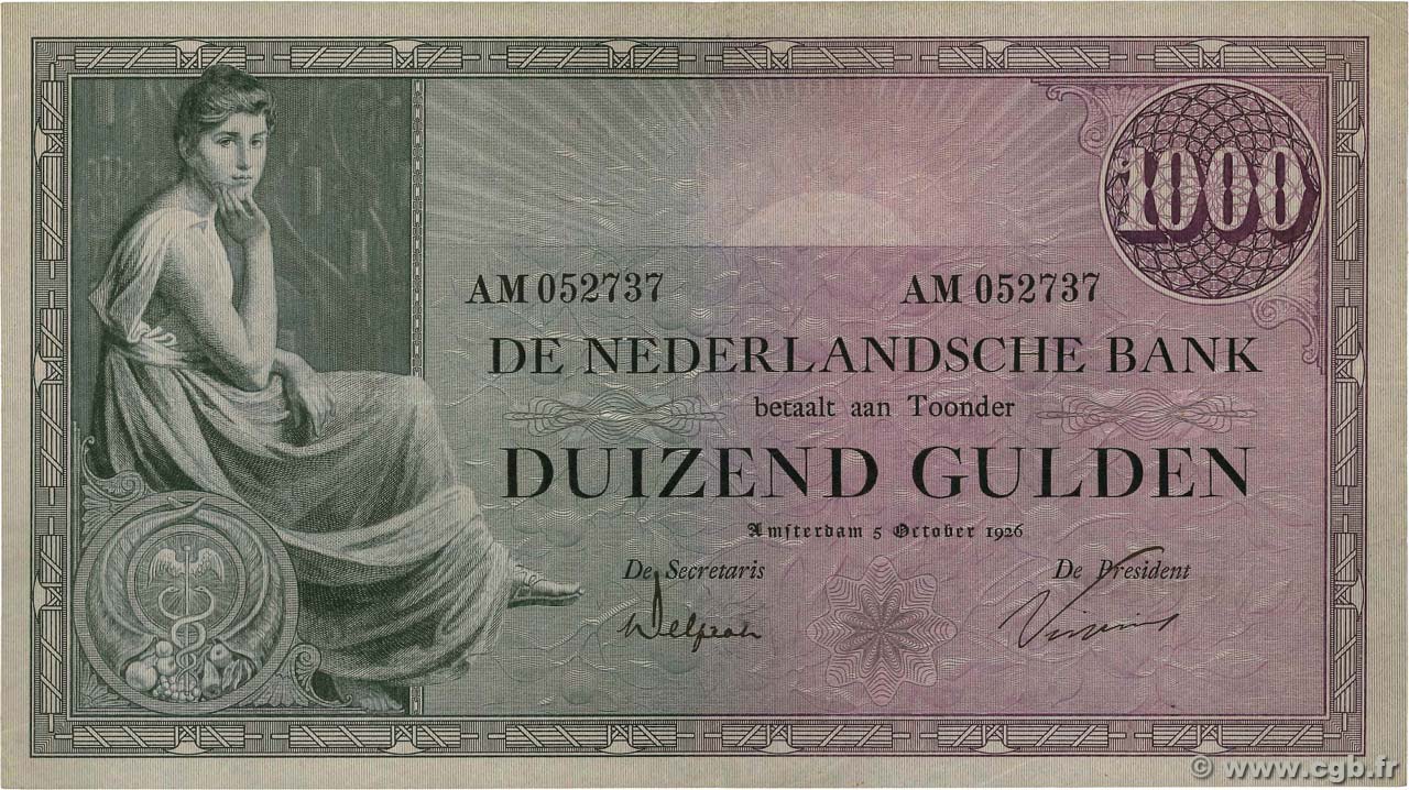 1000 Gulden NETHERLANDS  1926 P.048 VF-