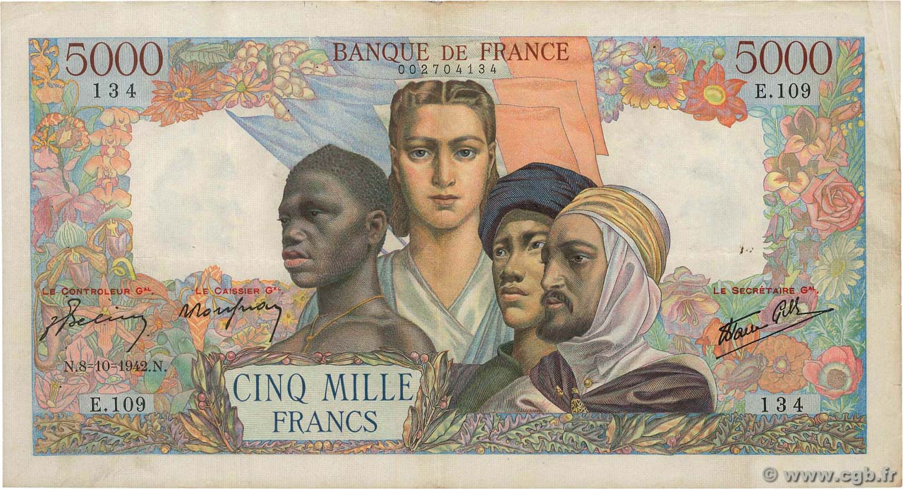 5000 Francs EMPIRE FRANÇAIS FRANCIA  1942 F.47.05 q.BB