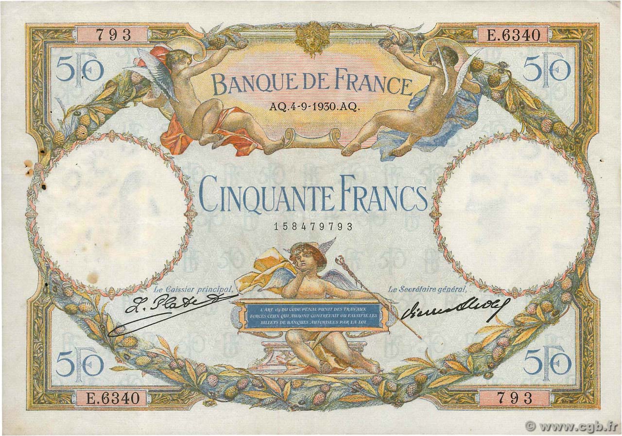 50 Francs LUC OLIVIER MERSON type modifié FRANCIA  1930 F.16.01 q.BB