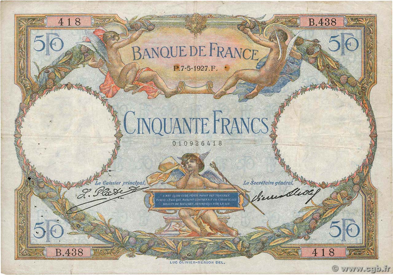 50 Francs LUC OLIVIER MERSON FRANCE  1927 F.15.01 pr.TB