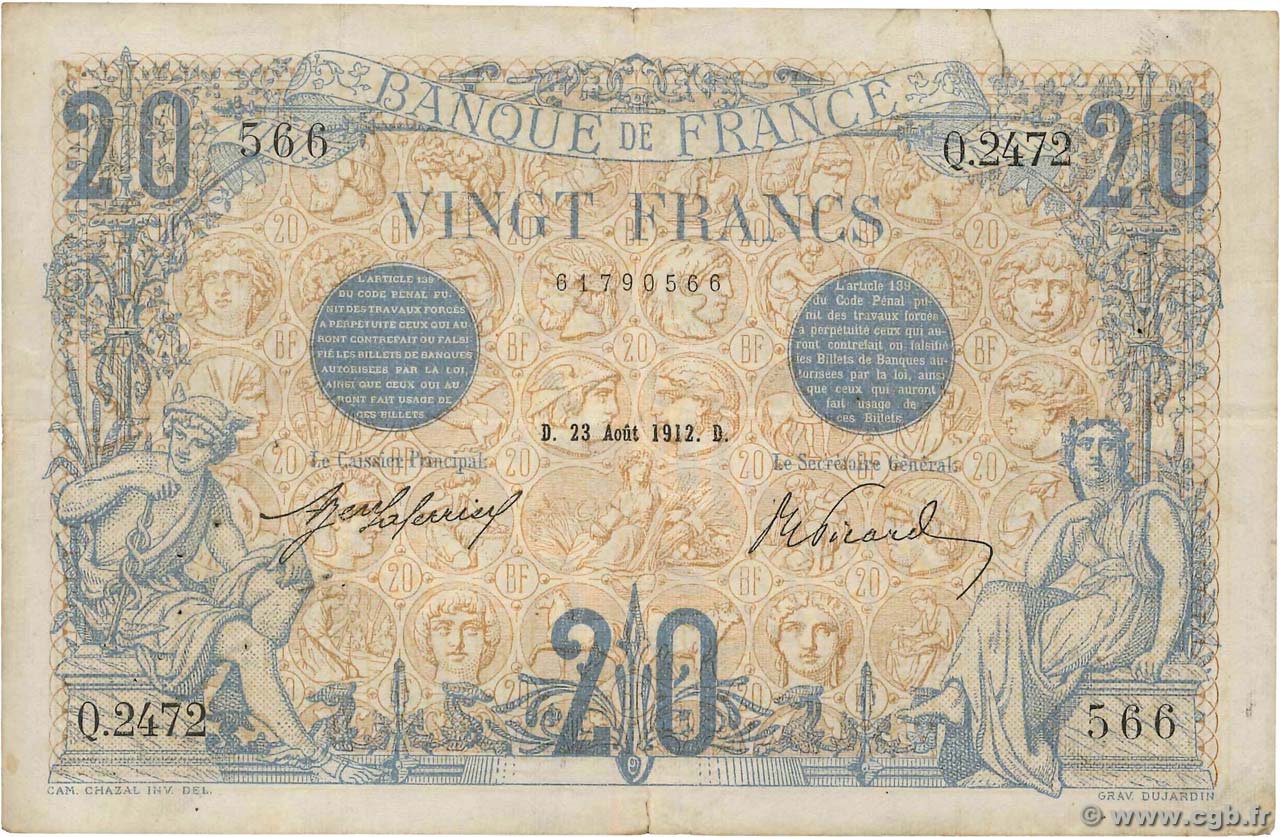 20 Francs BLEU FRANCE  1912 F.10.02 TB