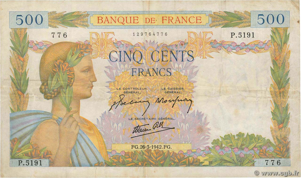 500 Francs LA PAIX FRANCIA  1942 F.32.32 MB