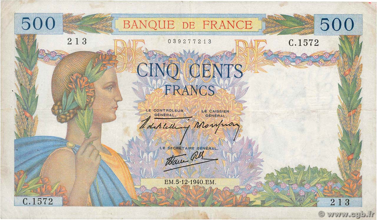 500 Francs LA PAIX FRANCE  1940 F.32.10 TB