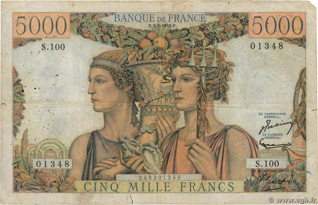 5000 Francs TERRE ET MER FRANCE  1952 F.48.06 VG