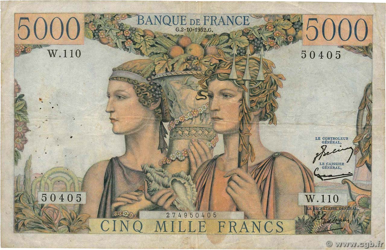 5000 Francs TERRE ET MER Numéro radar FRANCE  1952 F.48.07 F