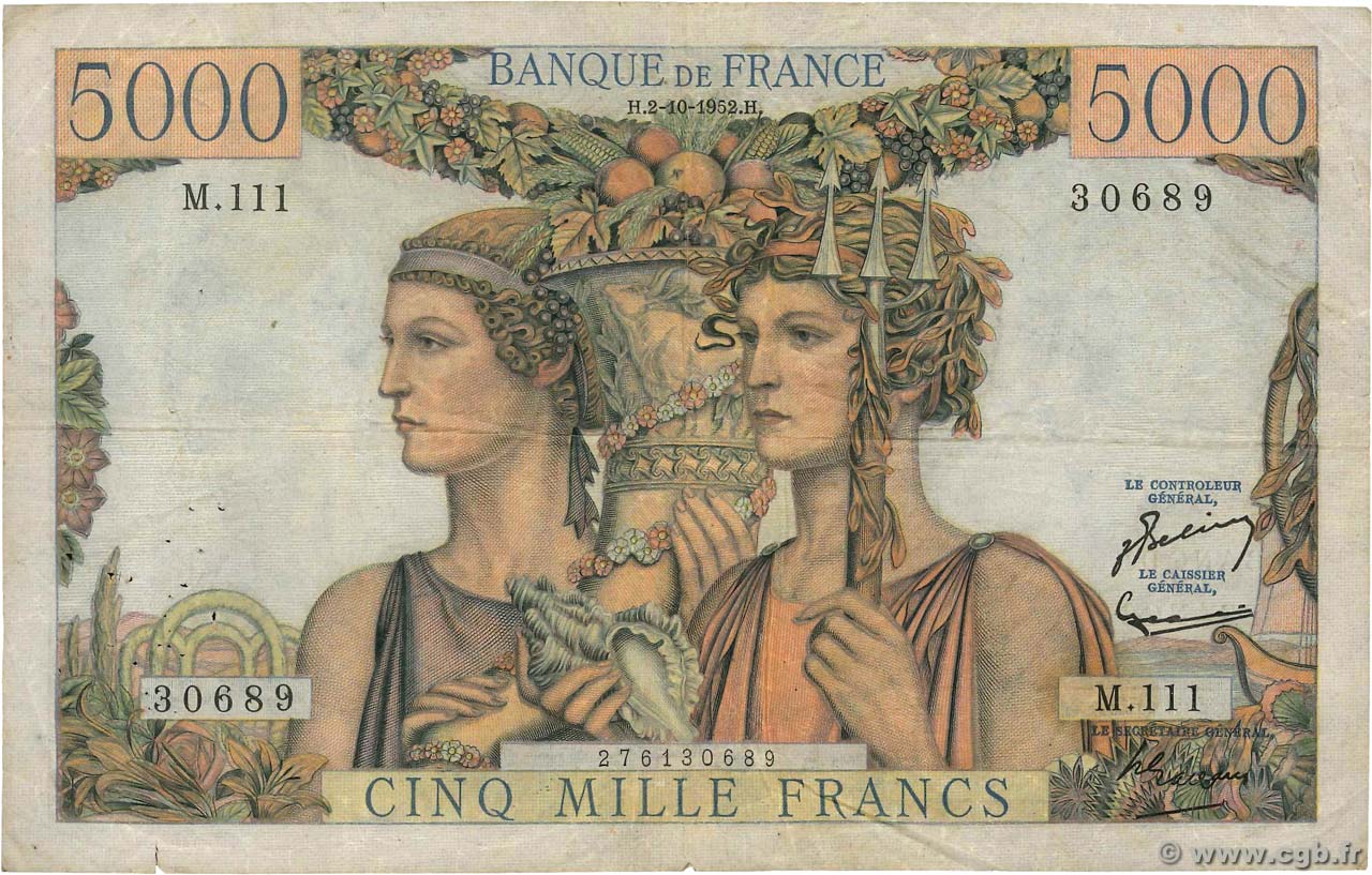 5000 Francs TERRE ET MER FRANCE  1952 F.48.07 pr.TB
