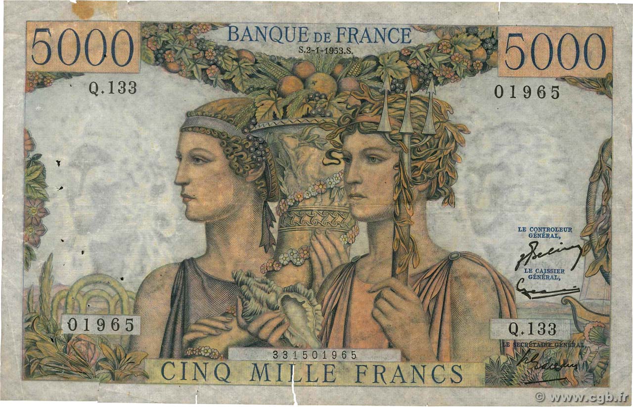 5000 Francs TERRE ET MER FRANCIA  1953 F.48.08 q.MB