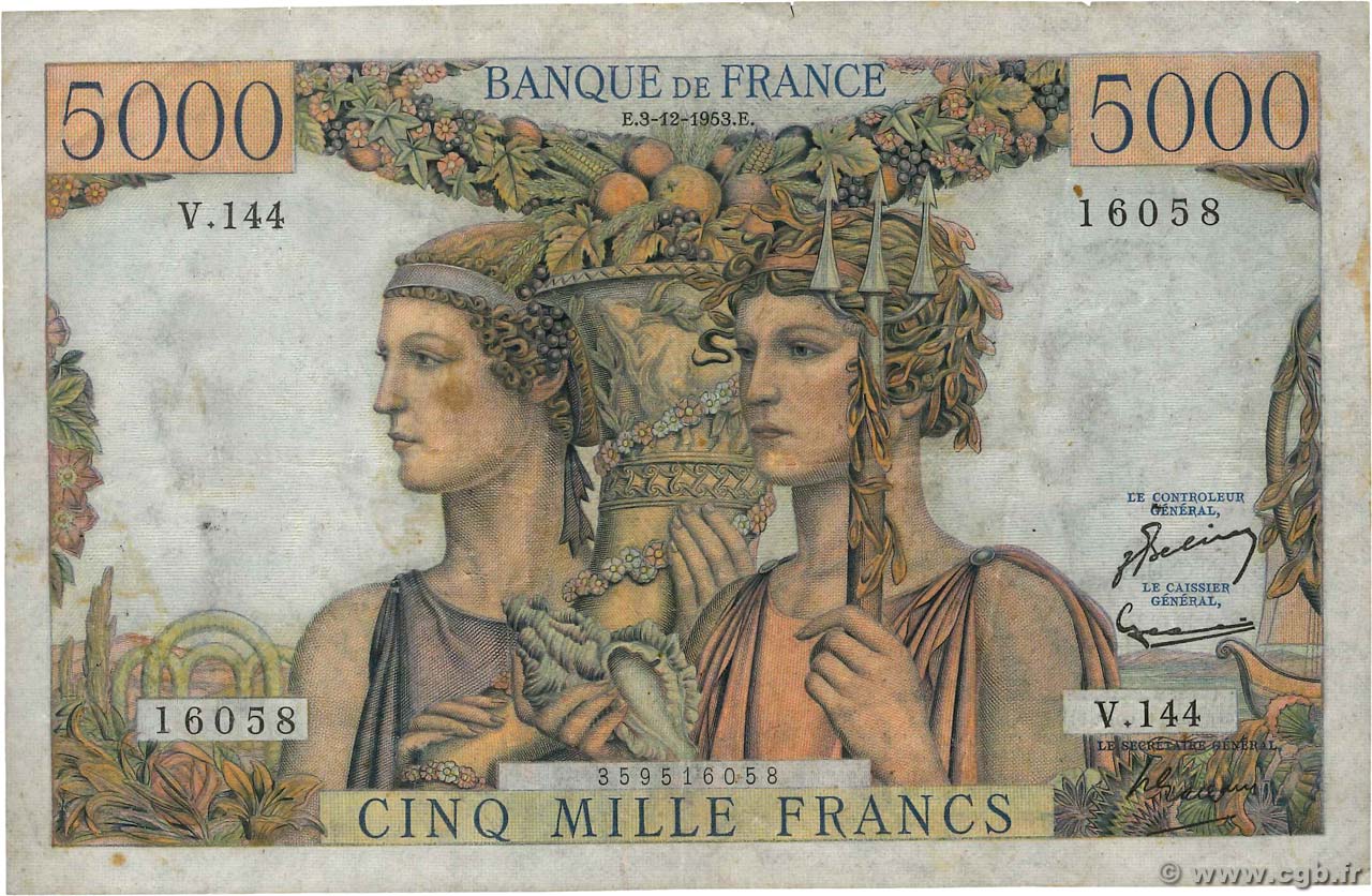 5000 Francs TERRE ET MER FRANKREICH  1953 F.48.10 fSS