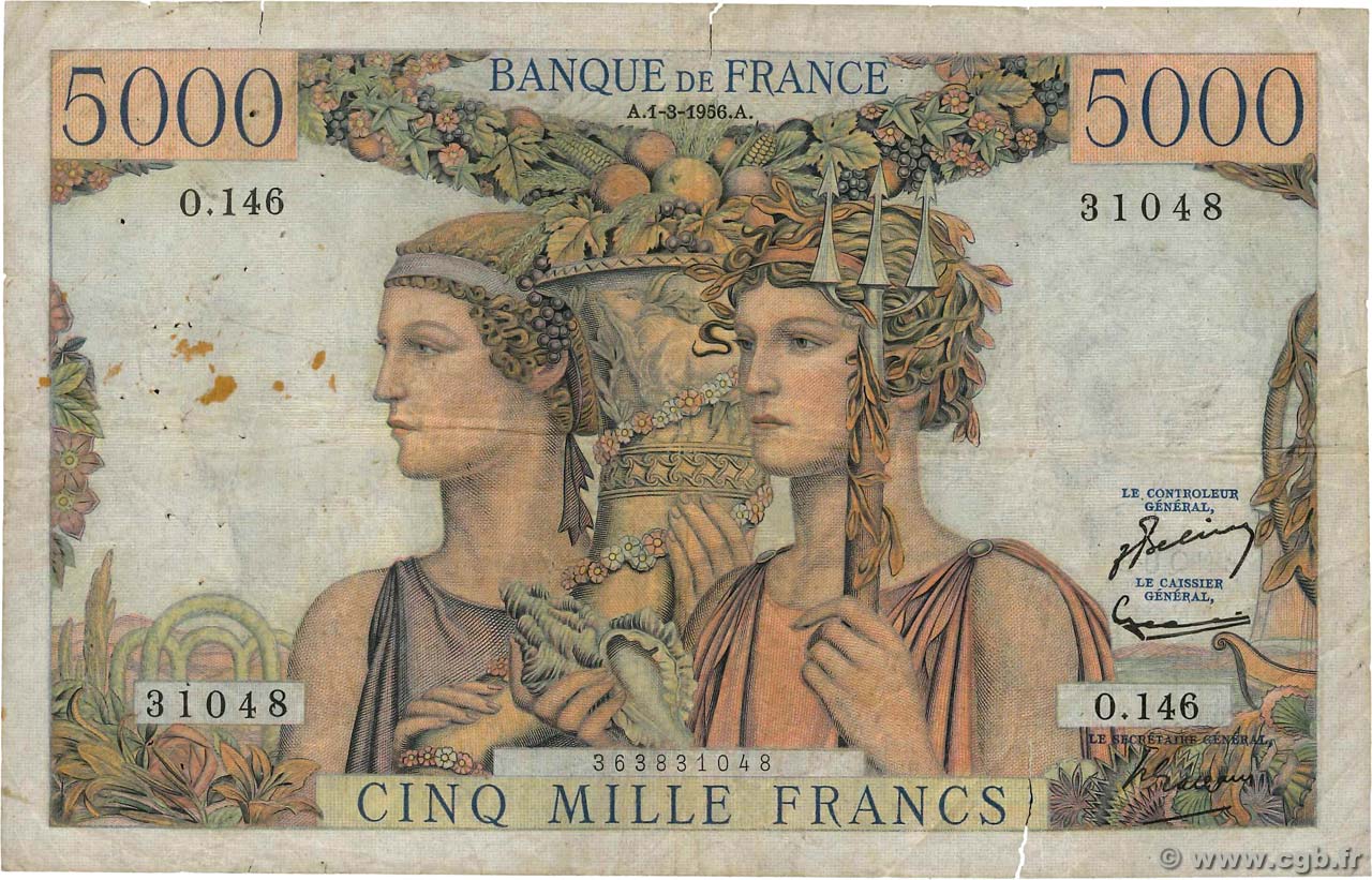 5000 Francs TERRE ET MER FRANCE  1956 F.48.11 pr.TB