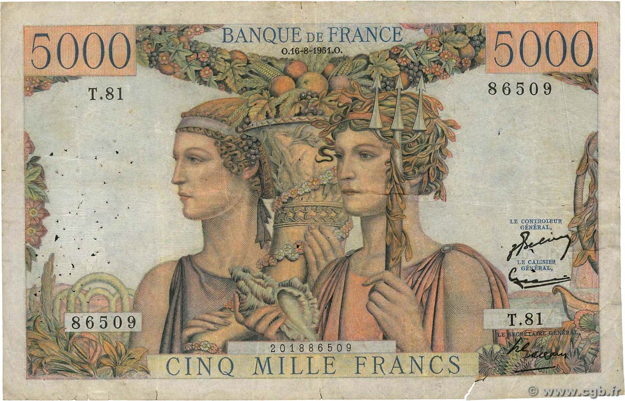 5000 Francs TERRE ET MER FRANCE  1951 F.48.05 pr.TB