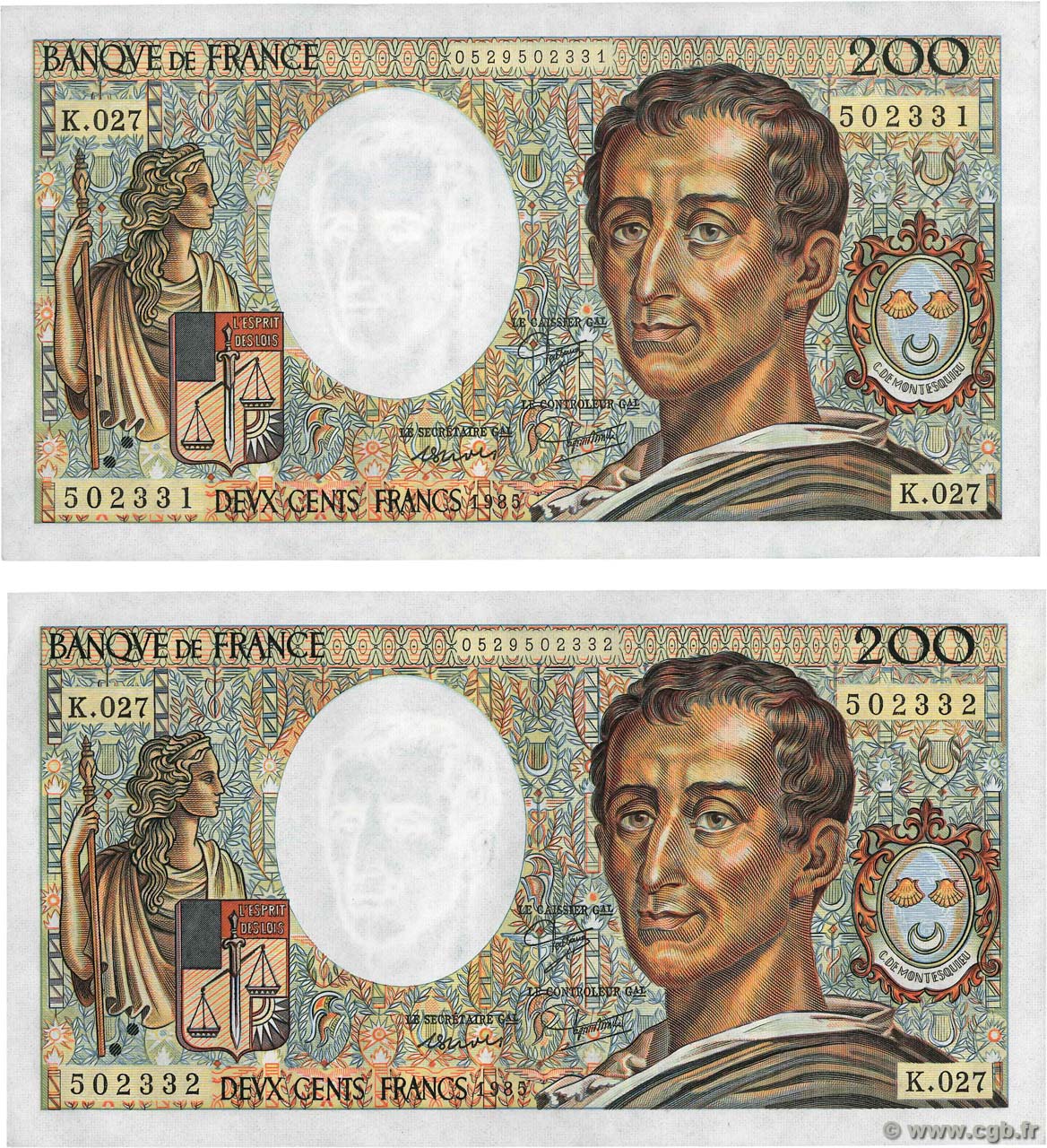 200 Francs MONTESQUIEU Consécutifs FRANCIA  1985 F.70.05 SPL