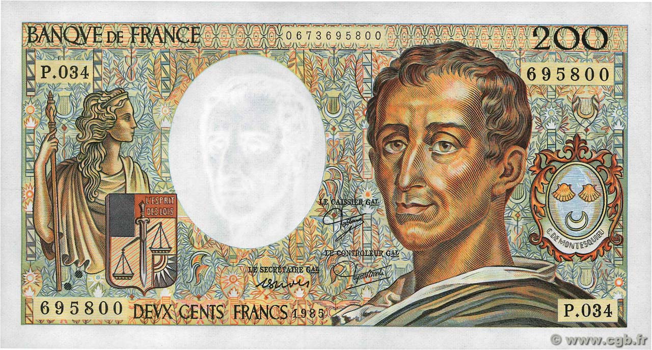 200 Francs MONTESQUIEU FRANKREICH  1985 F.70.05 fST