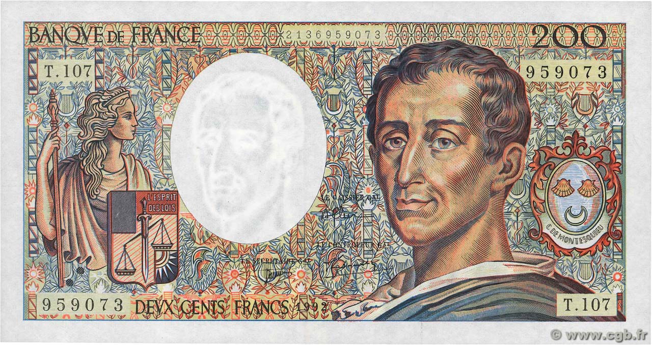 200 Francs MONTESQUIEU FRANCE  1992 F.70.12a VF+