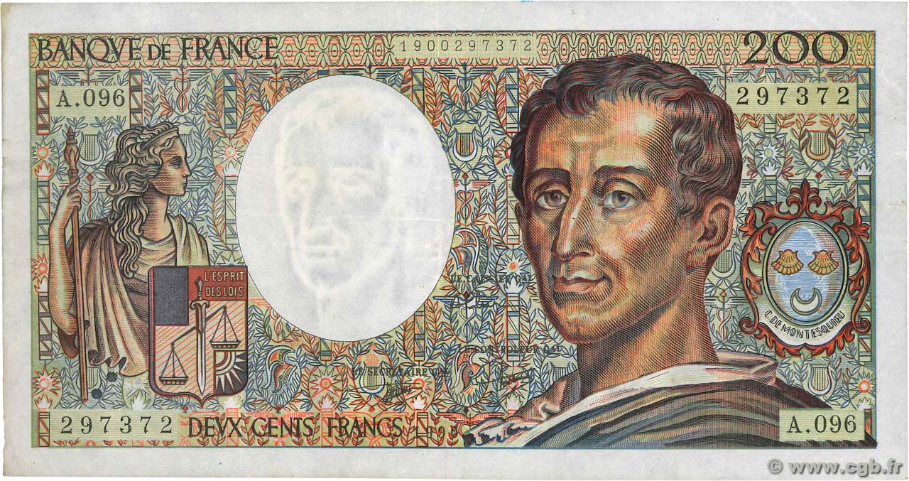 200 Francs MONTESQUIEU FRANCE  1990 F.70.10b pr.TTB
