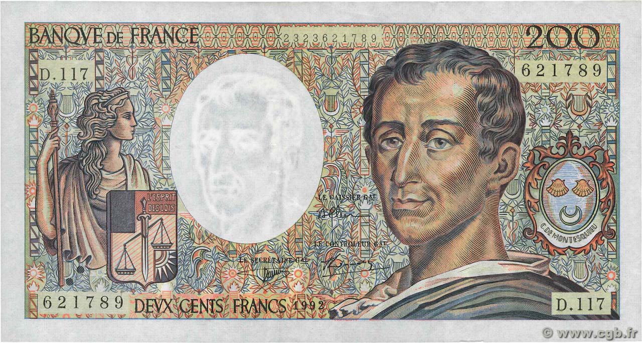 200 Francs MONTESQUIEU FRANCE  1992 F.70.12b VF