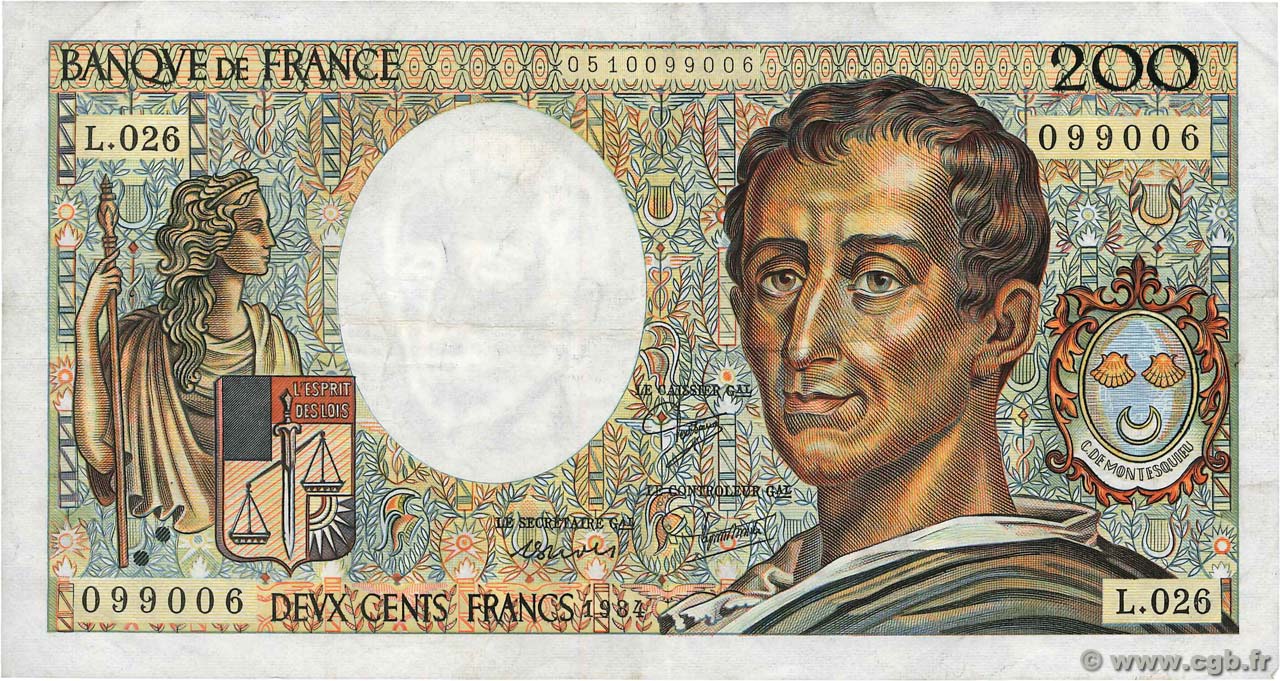200 Francs MONTESQUIEU FRANCE  1984 F.70.04 TB+