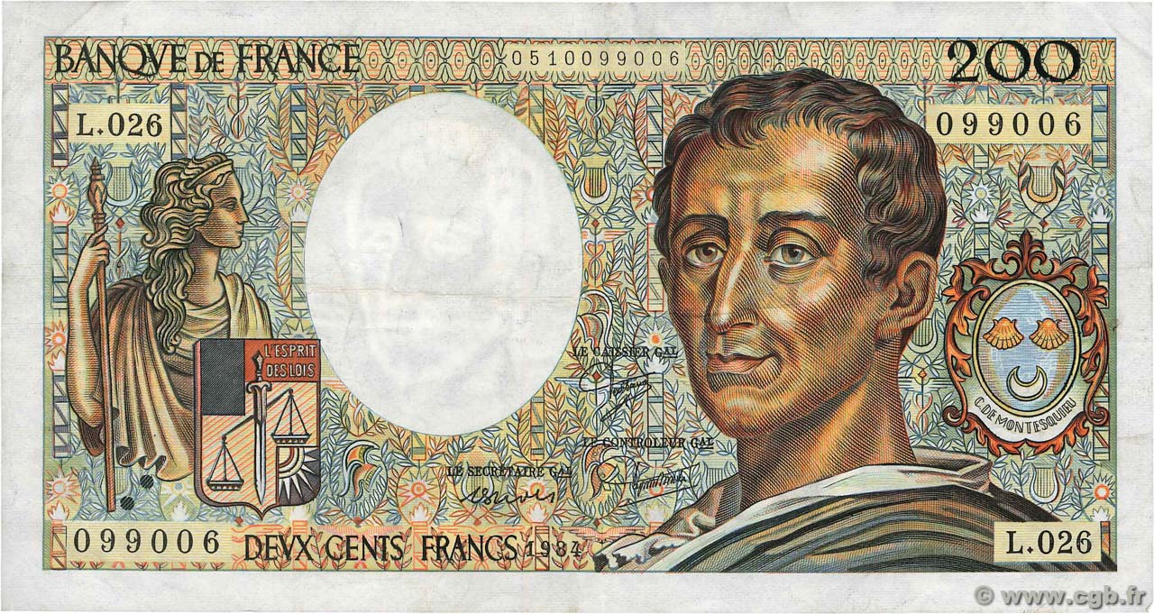 200 Francs MONTESQUIEU FRANCIA  1984 F.70.04 BC+