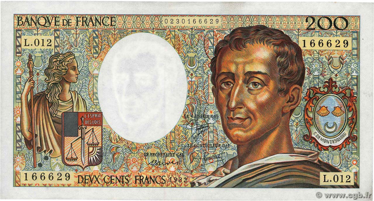 200 Francs MONTESQUIEU FRANCE  1982 F.70.02 XF+