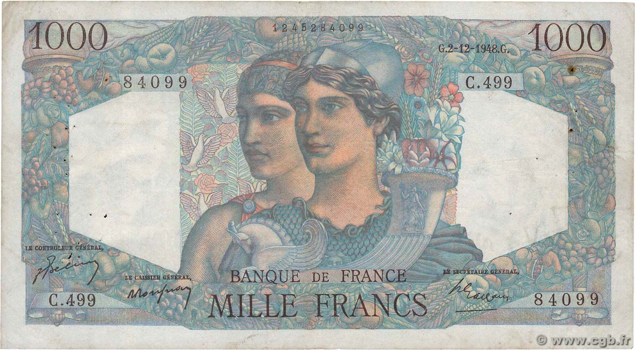 1000 Francs MINERVE ET HERCULE FRANCE  1948 F.41.24 F+