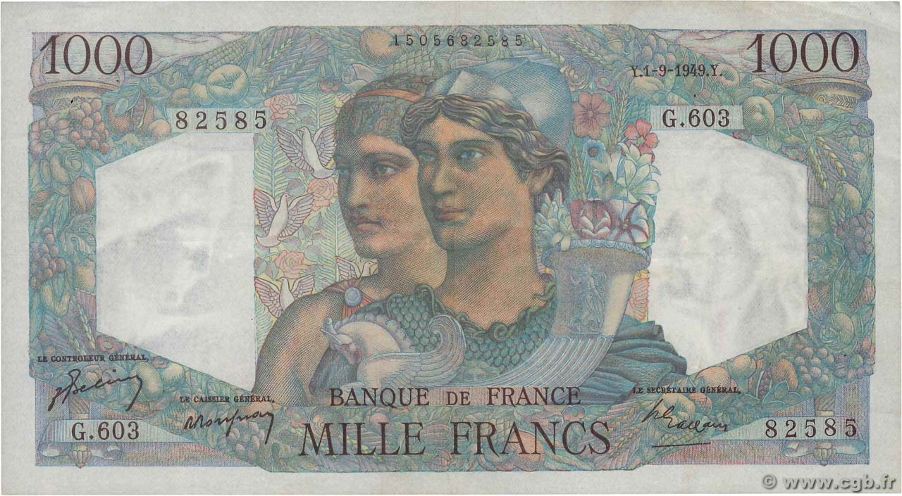 1000 Francs MINERVE ET HERCULE FRANCE  1949 F.41.28 VF+