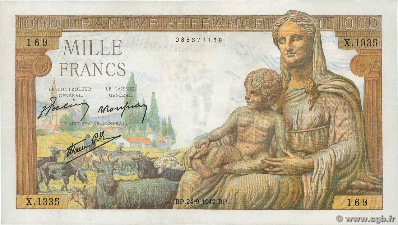 1000 Francs DÉESSE DÉMÉTER FRANCE  1942 F.40.07 SUP