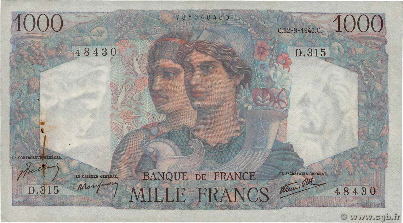 1000 Francs MINERVE ET HERCULE FRANKREICH  1946 F.41.16 fVZ