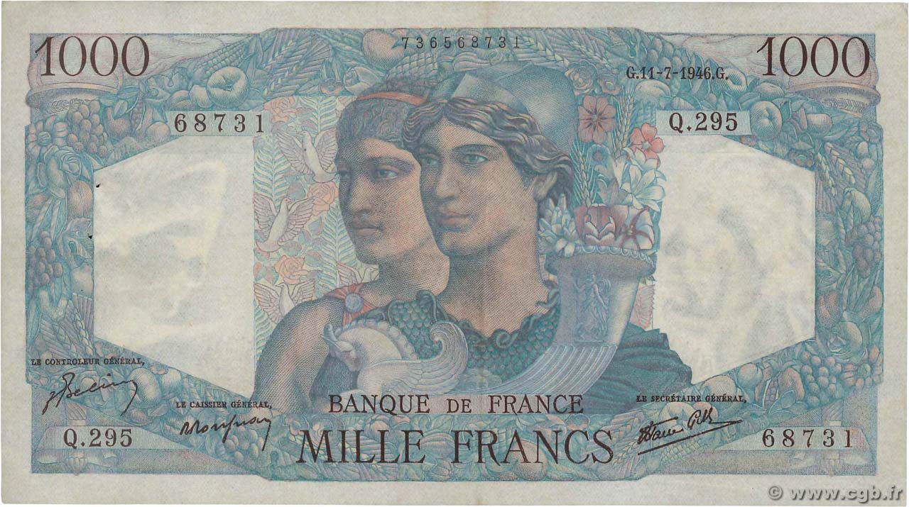1000 Francs MINERVE ET HERCULE FRANCE  1946 F.41.15 TTB+