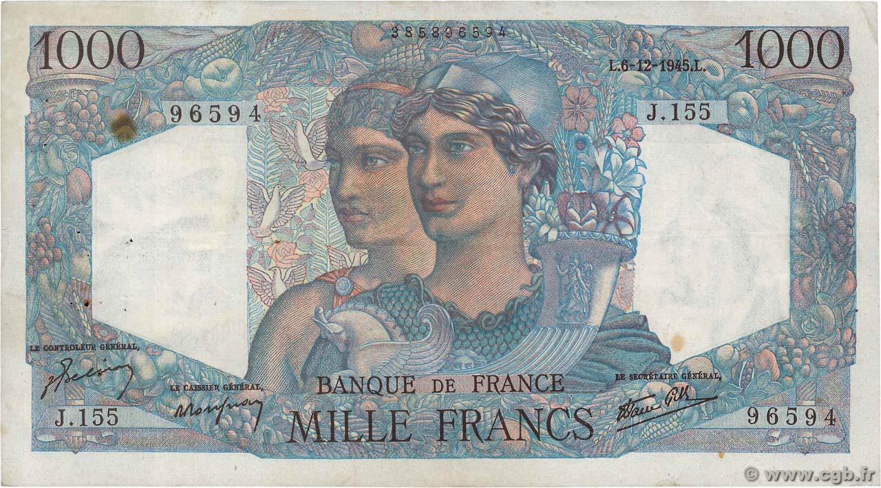 1000 Francs MINERVE ET HERCULE FRANCIA  1945 F.41.09 q.BB